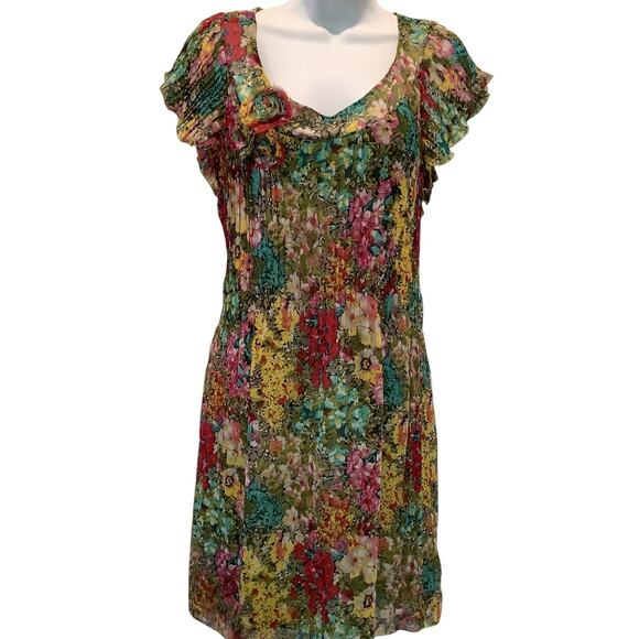 MADISON LEIGH GARDEN PARTY PLEATED FLORAL CAP SLEEVE DRESS 10 - Picture 1 of 9